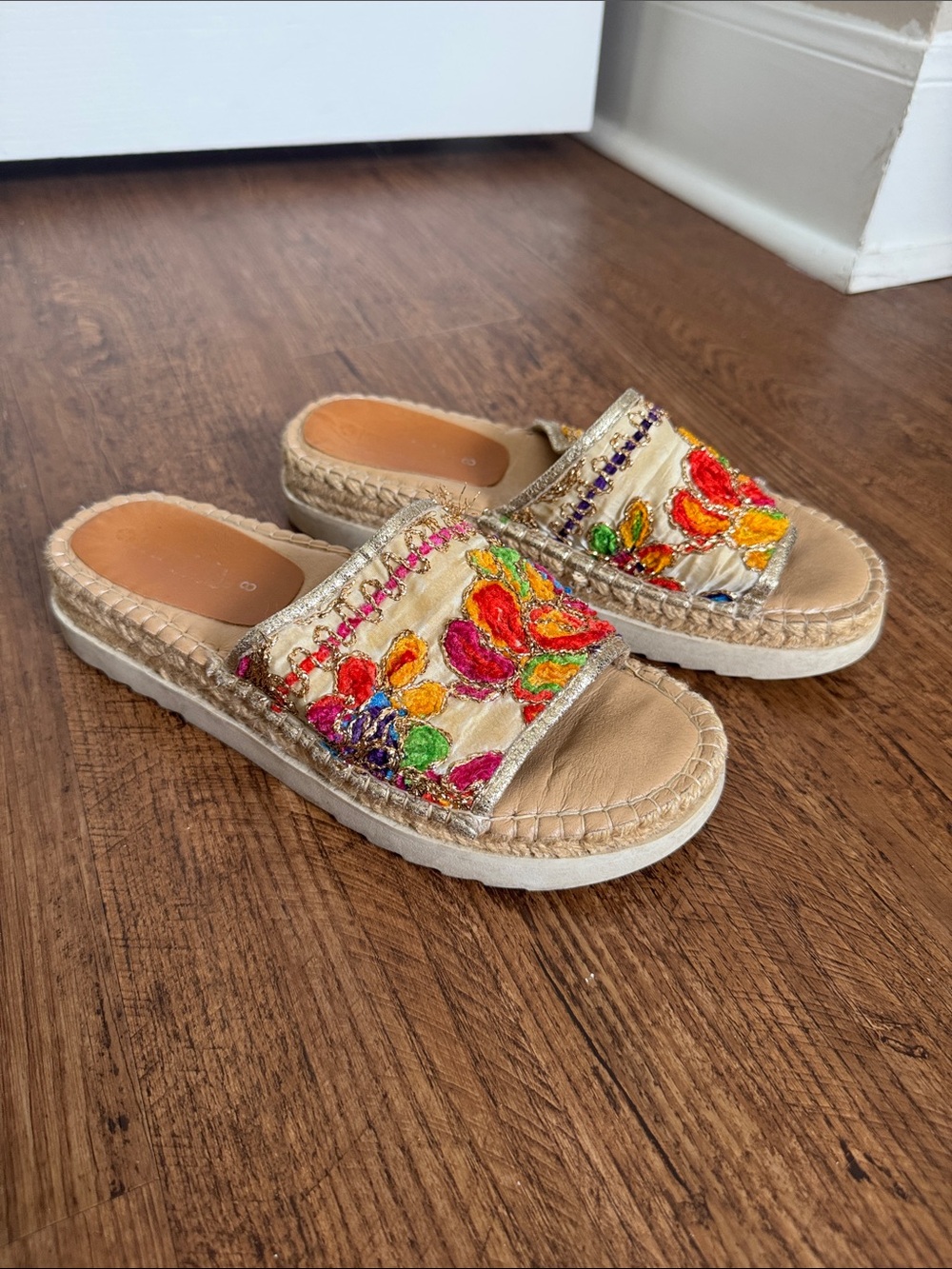 Beige Embroidered Floral Slide Sandals
